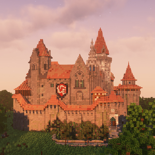 Alte Minecraft-Burg mit Wappen an Gebäudewand